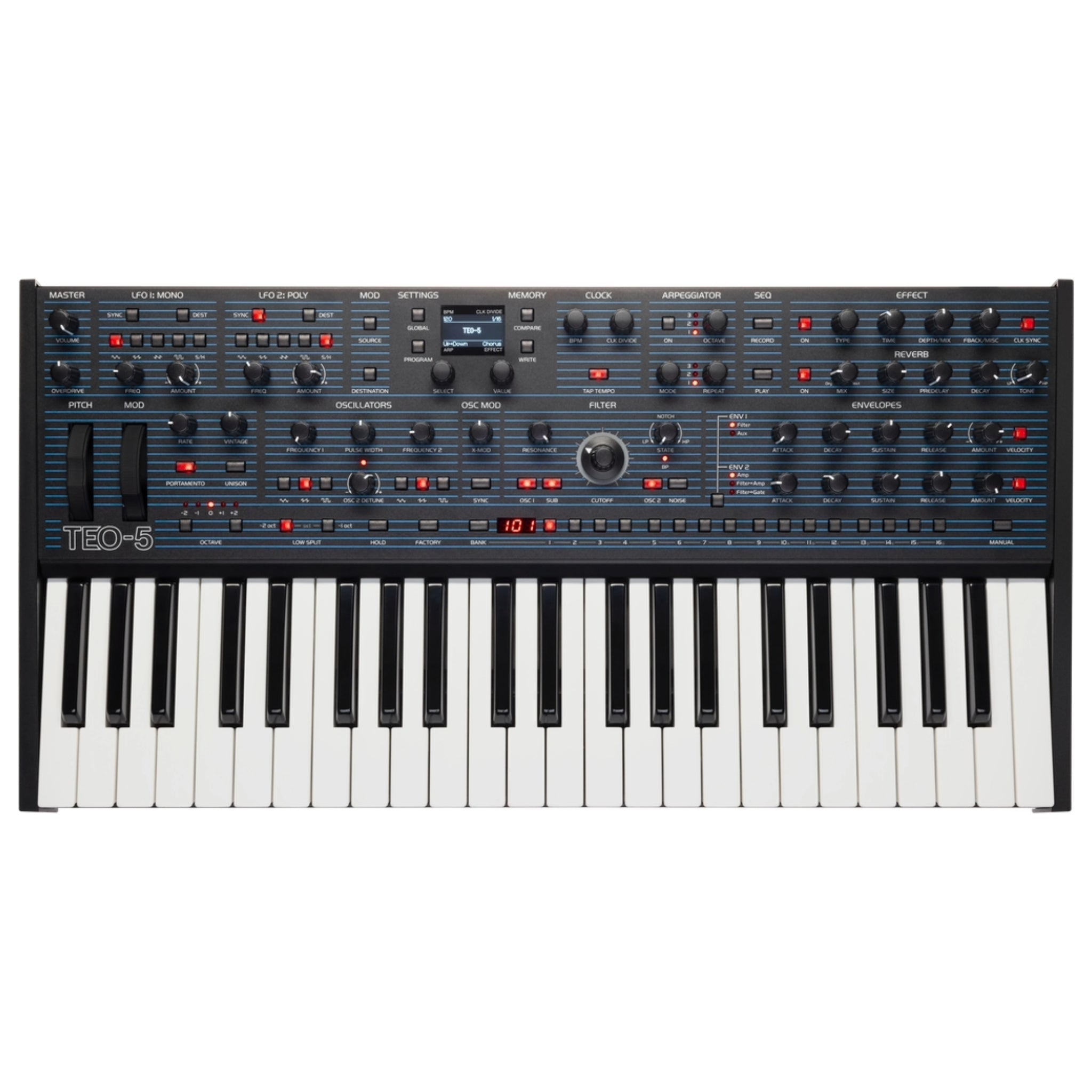 Analog synthesizer keyboard with multiple knobs, buttons, sliders, and a digital display labeled TEO-5
