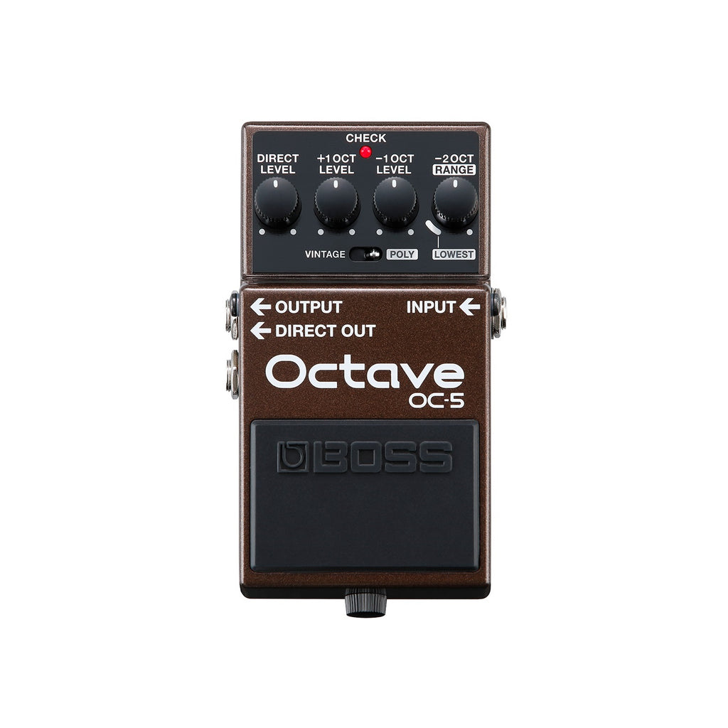 Brown and black guitar effects pedal with four control knobs, a switch, and three 1/4 inch jacks labeled Output, Input, and Direct Out.