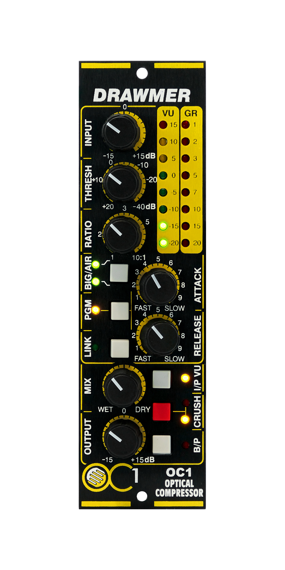 Front view of a black and yellow Drawmer OC1 Optical Compressor module with knobs, buttons, and LED indicators.