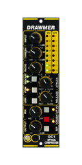 Front view of a black and yellow Drawmer OC1 Optical Compressor module with knobs, buttons, and LED indicators.