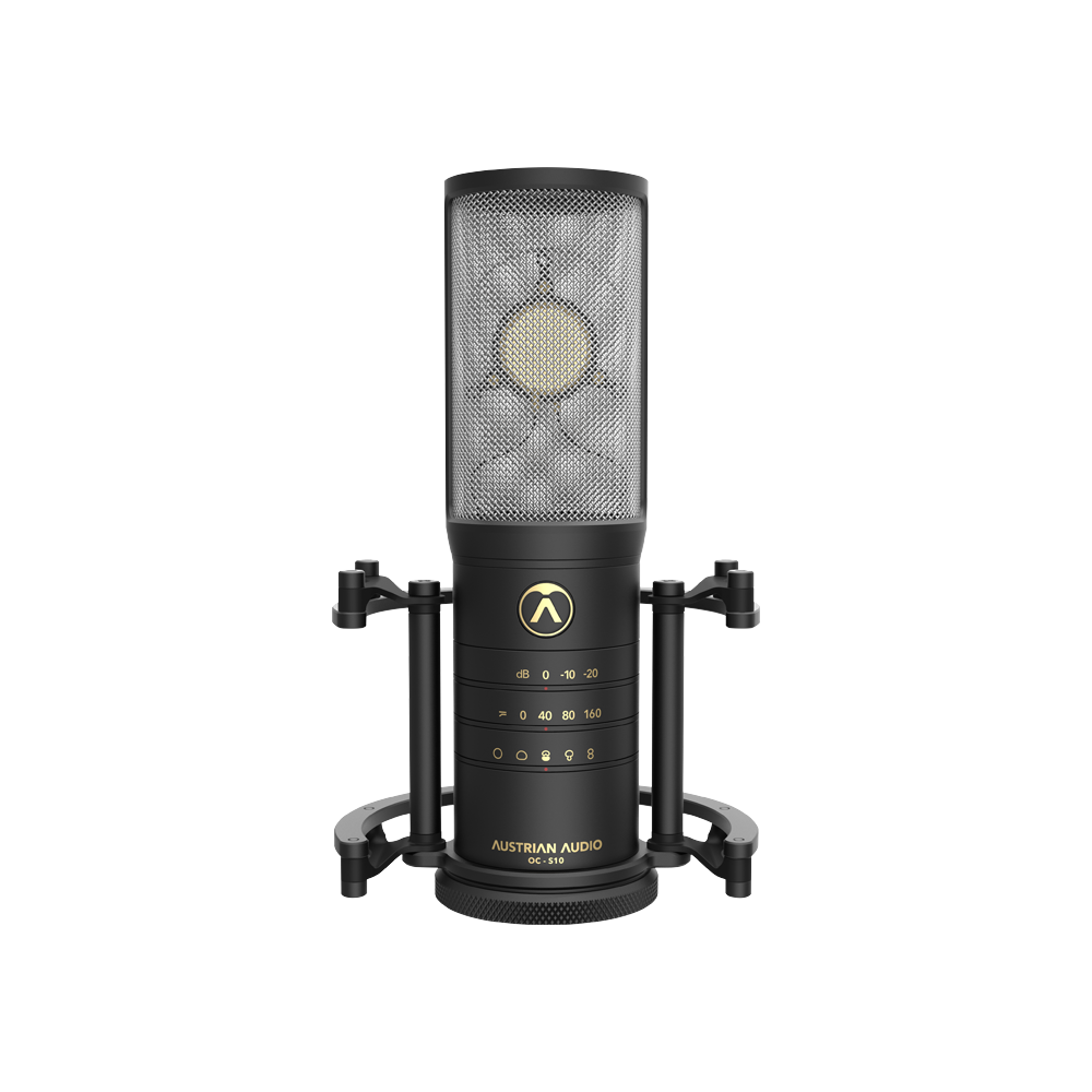 Black studio condenser microphone with visible capsule and built-in shock mount standing upright.