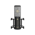 Black studio condenser microphone with visible capsule and built-in shock mount standing upright.