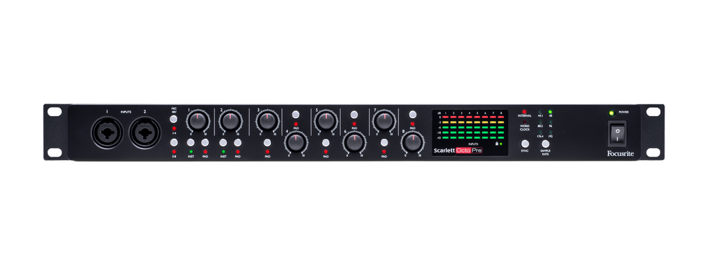 Front panel of a Focusrite Scarlett OctoPre audio interface with knobs, combo inputs, LED meters, buttons, and power switch.