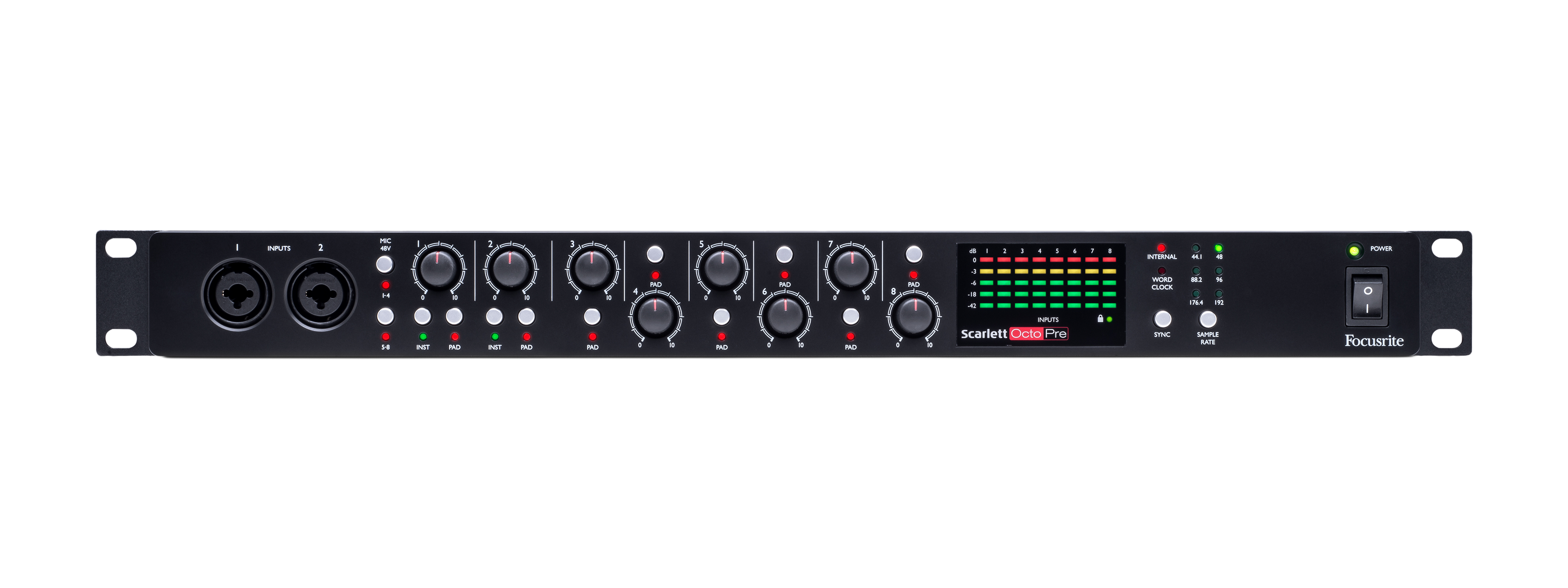 Front panel of a Focusrite Scarlett OctoPre audio interface with knobs, combo inputs, LED meters, buttons, and power switch.