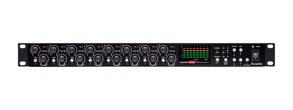 Front panel of a Focusrite Scarlett OctoPre Dynamic audio interface with knobs, buttons, LED indicators, and a power switch.