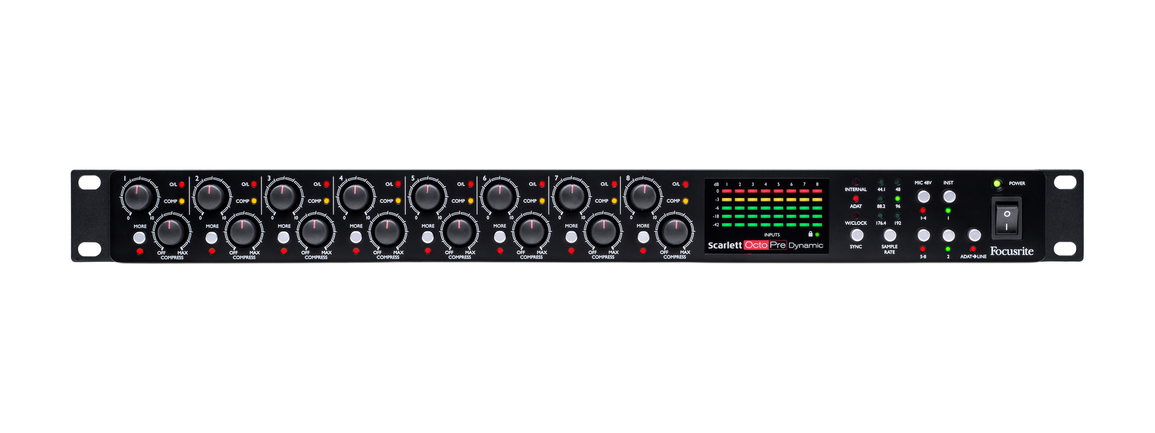 Front panel of a Focusrite Scarlett OctoPre Dynamic audio interface with knobs, buttons, LED indicators, and a power switch.