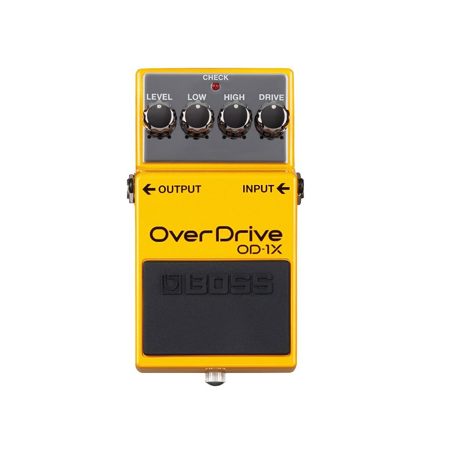 Yellow Boss overdrive guitar effects pedal with four control knobs and labeled input/output jacks.