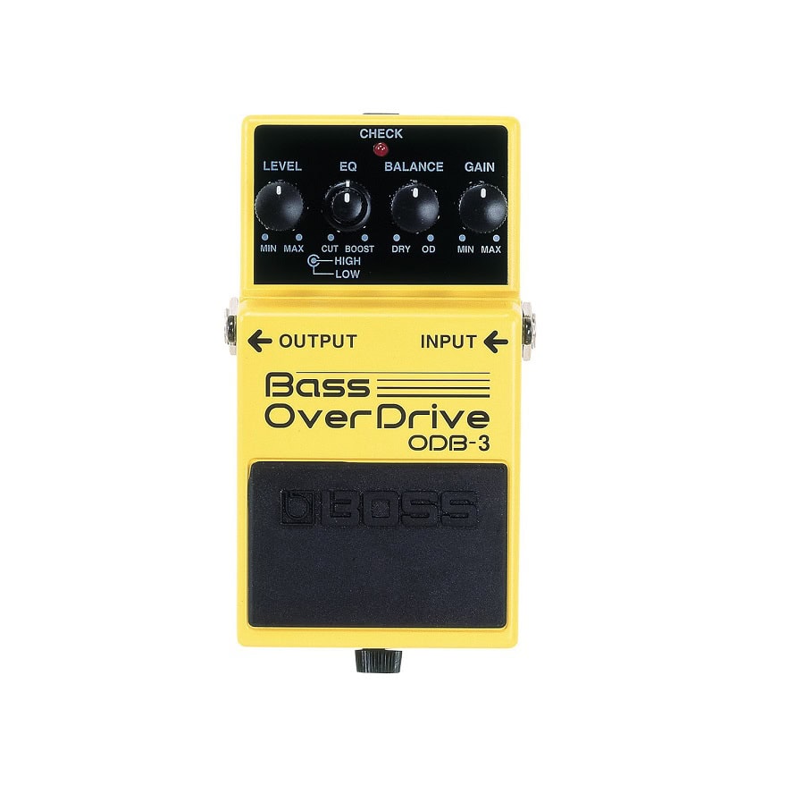 Yellow Boss Bass OverDrive ODB-3 pedal with four control knobs and input/output jacks on sides.
