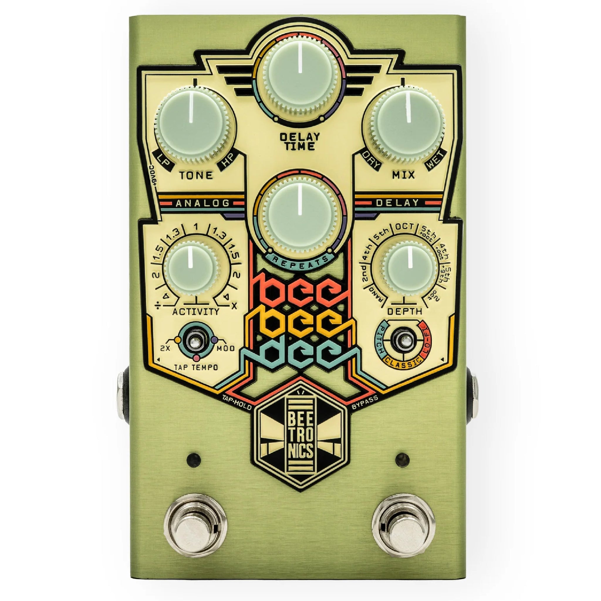 Light green guitar effects pedal with multiple knobs, switches, and two footswitches, branded Beetronics.