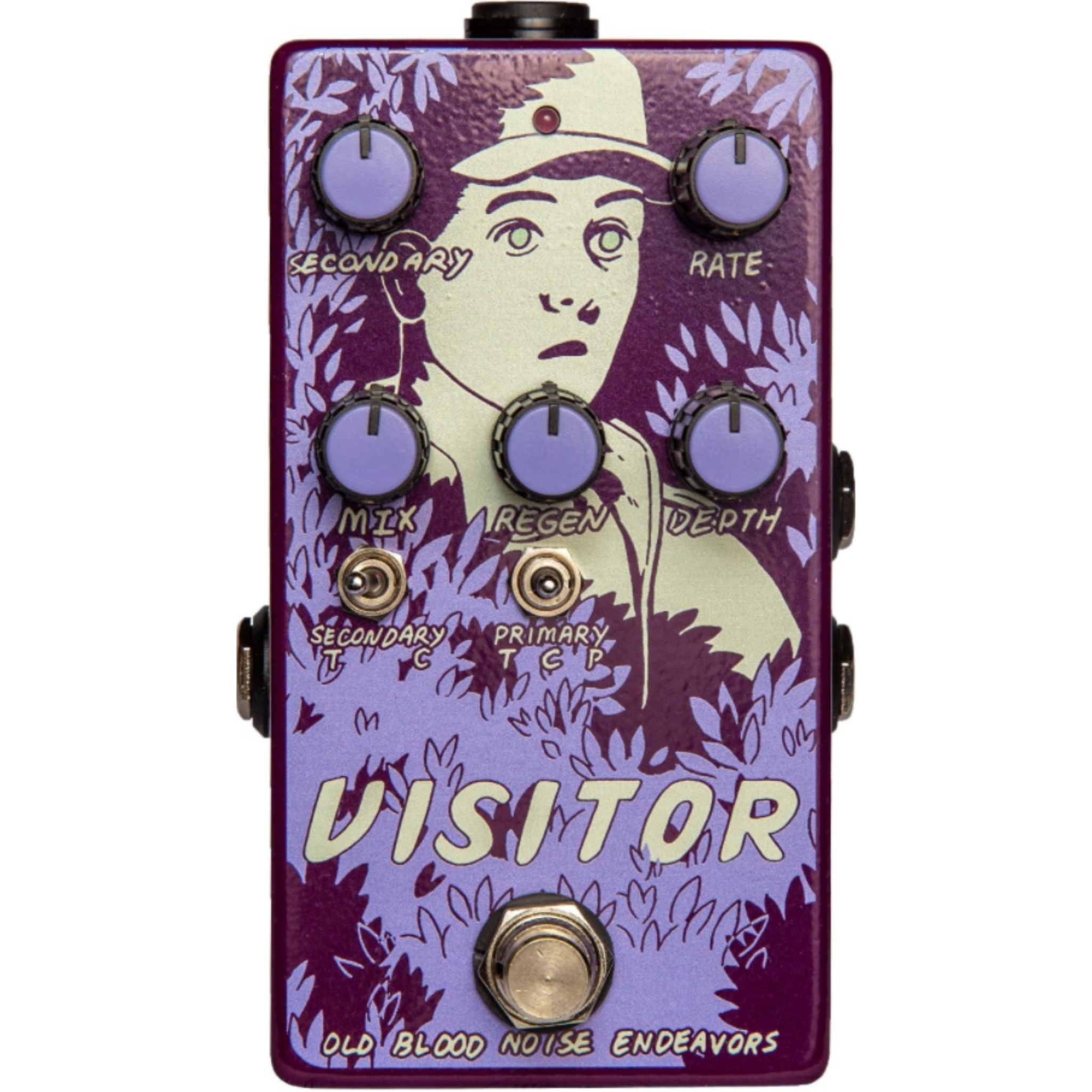 Purple guitar effects pedal with five knobs, two toggle switches, and one footswitch featuring artwork of a person's face and foliage.