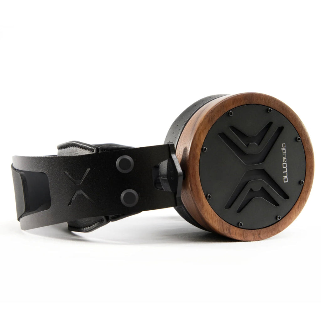 Black and brown over-ear headphones with wooden ear cups and OLLOaudio branding on the side.