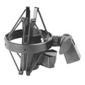 Black circular microphone shock mount with elastic bands and a mounting bracket with an adjustable knob.