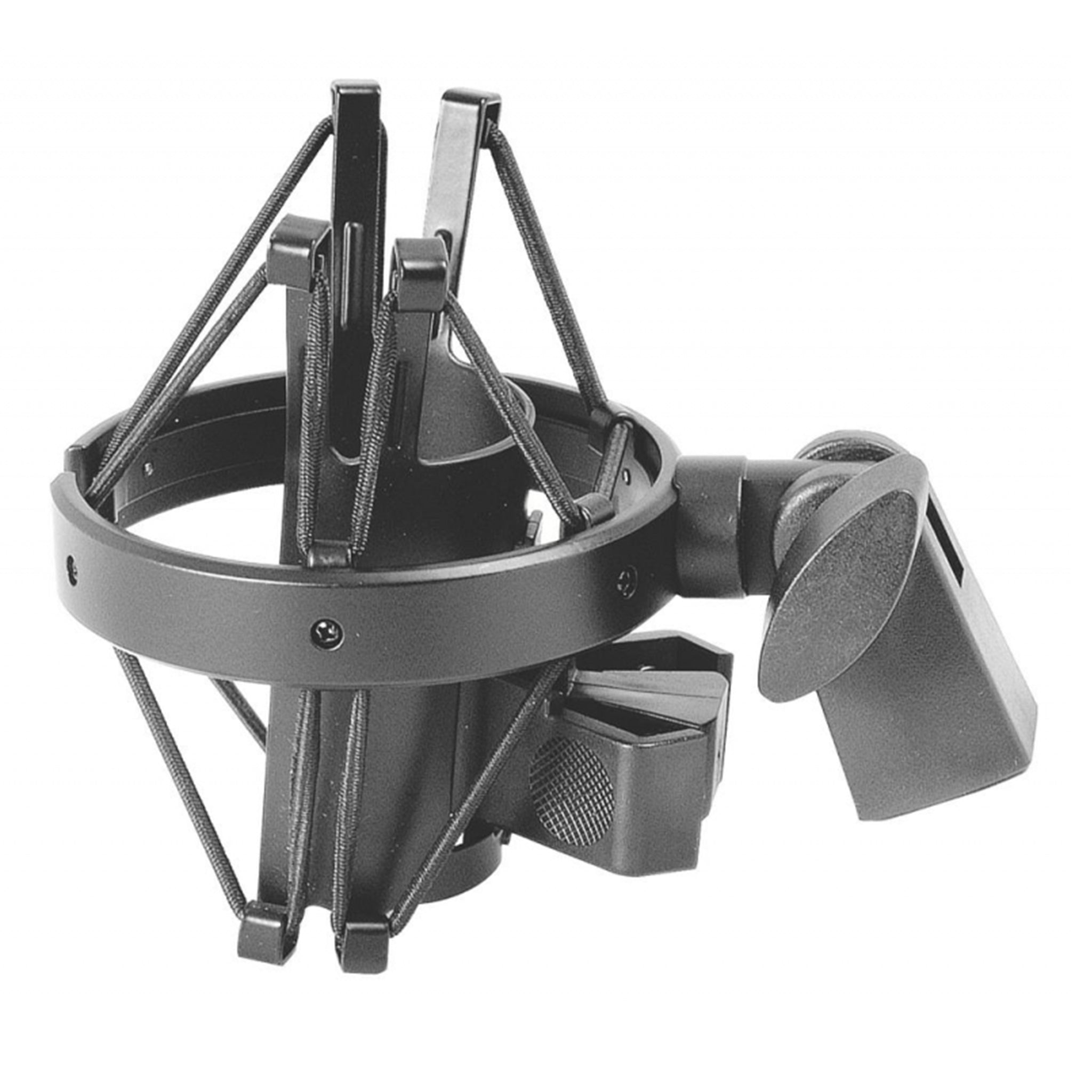 Black circular microphone shock mount with elastic bands and a mounting bracket with an adjustable knob.