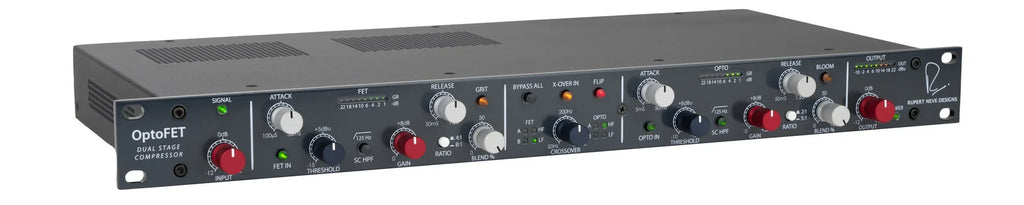 Black rackmount audio compressor unit with multiple labeled rotary knobs and switches on the front panel.