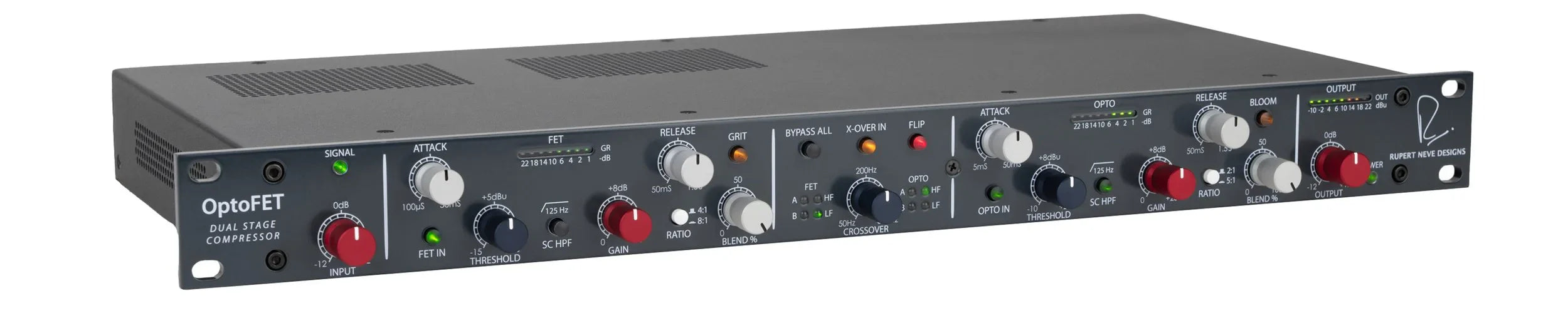 Black rackmount audio compressor unit with multiple labeled rotary knobs and switches on the front panel.