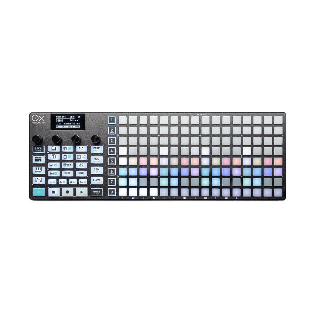 Top view of a grid-based sequencer with multiple backlit pads, knobs, buttons, and a small display screen.