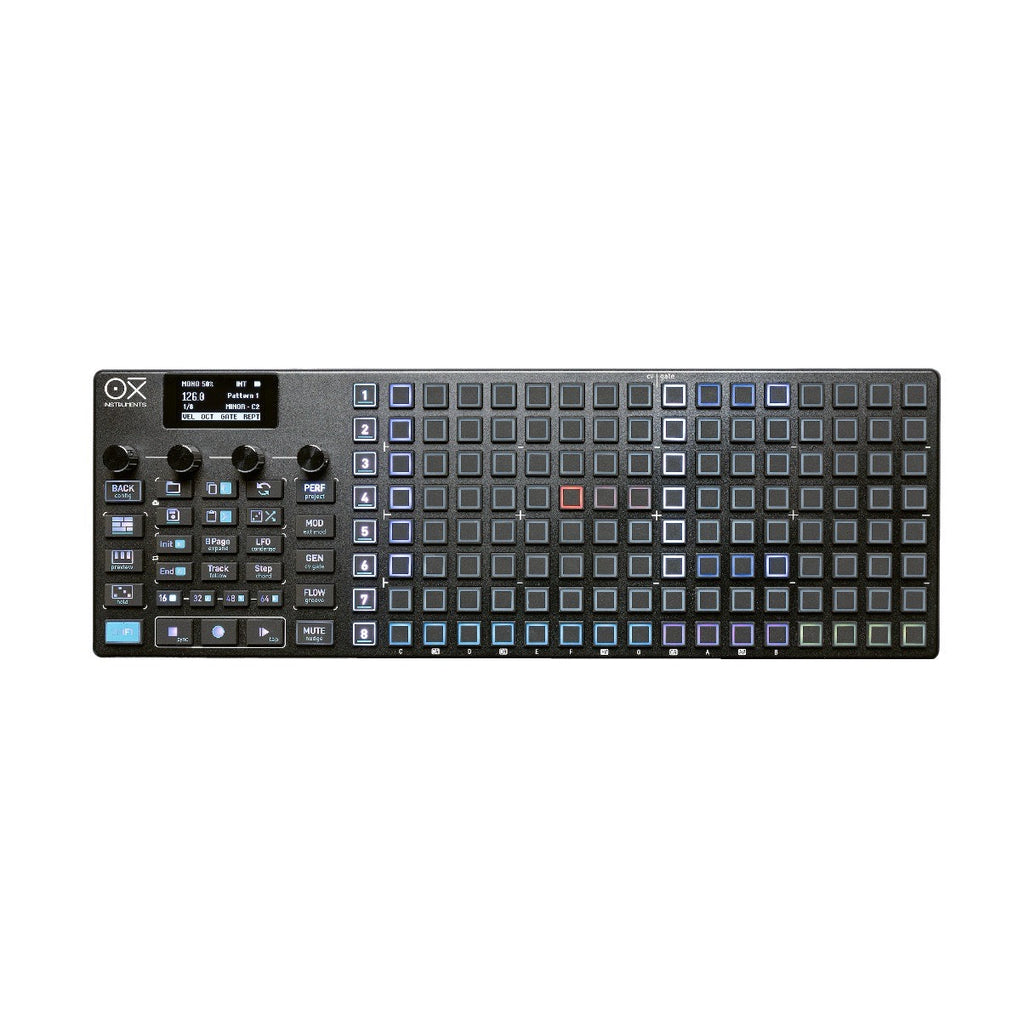 Black music sequencer with grid buttons, rotary knobs, and small display screen on the top left.