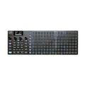Black music sequencer with grid buttons, rotary knobs, and small display screen on the top left.