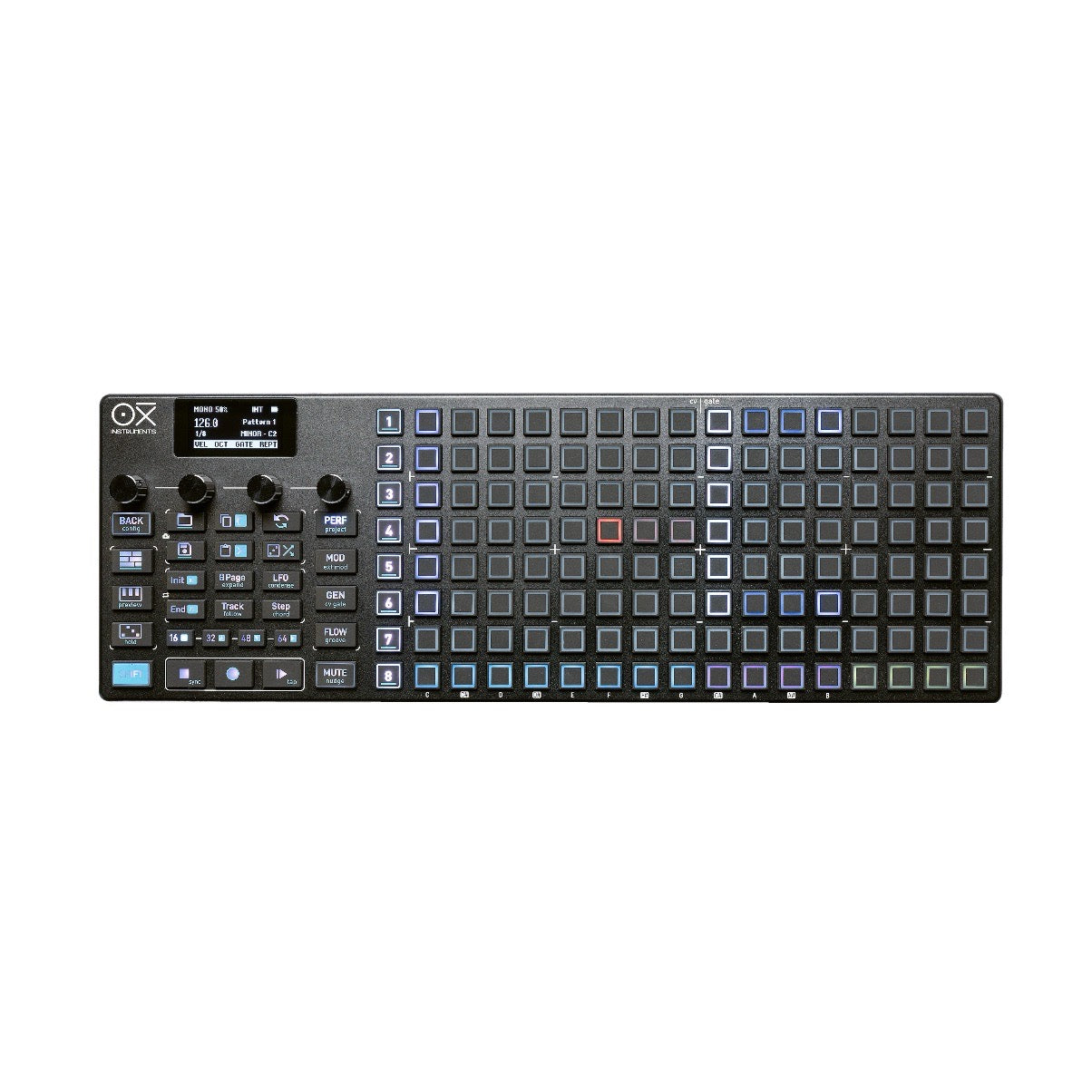 Black music sequencer with grid buttons, rotary knobs, and small display screen on the top left.