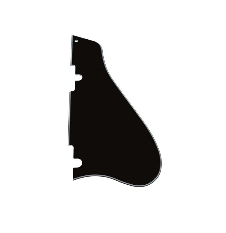 Black pickguard with white layered edges and multiple mounting holes, shown on a white background.