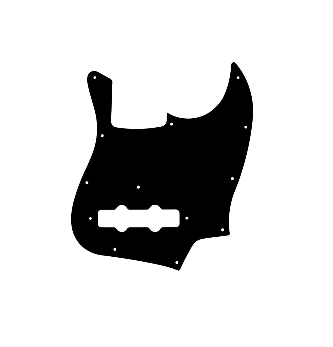 Matte black one-ply pickguard for a J Style bass guitar with multiple screw holes and pickup cutout.