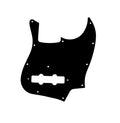 Black guitar pickguard with mounting holes and cutouts for pickups shown against white background.