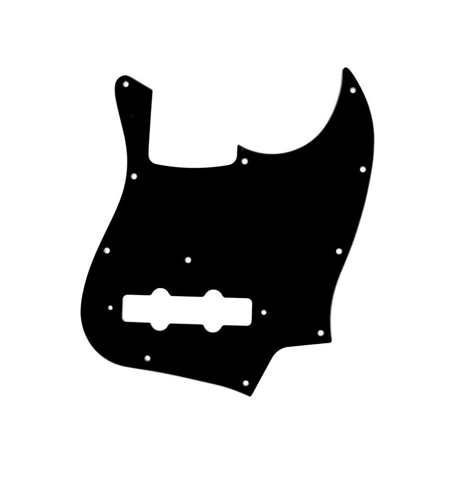 Black guitar pickguard with mounting holes and cutouts for pickups shown against white background.