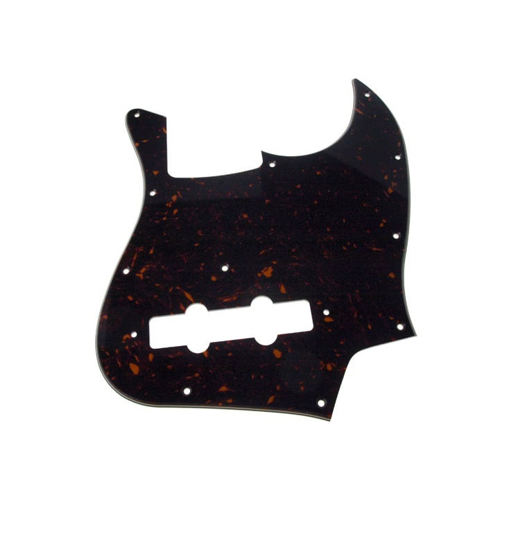 Brown tortoise shell style guitar pickguard with cutouts and screw holes laid flat on white background.
