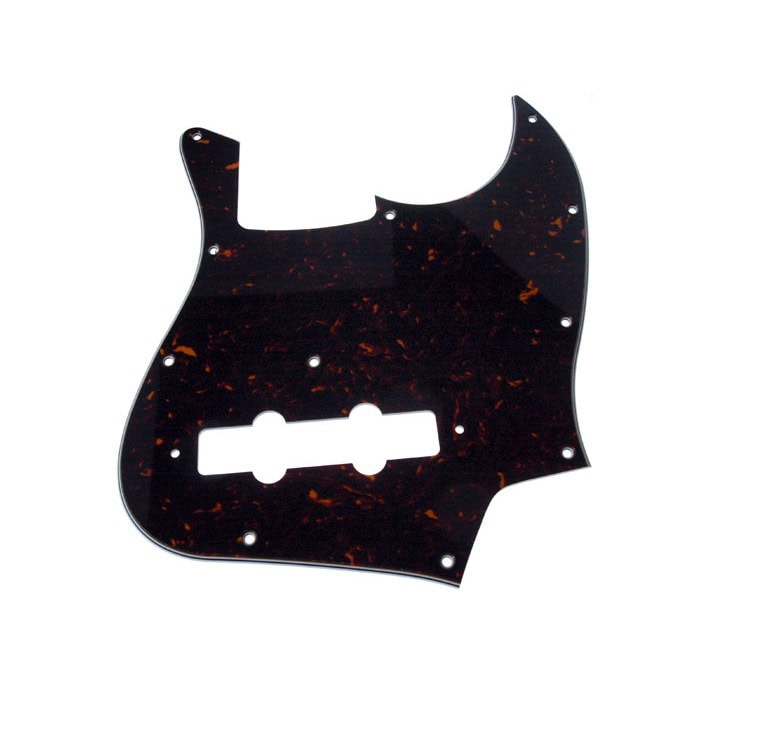 Tortoise-patterned pickguard with multiple screw holes and two rectangular cutouts on a white background.
