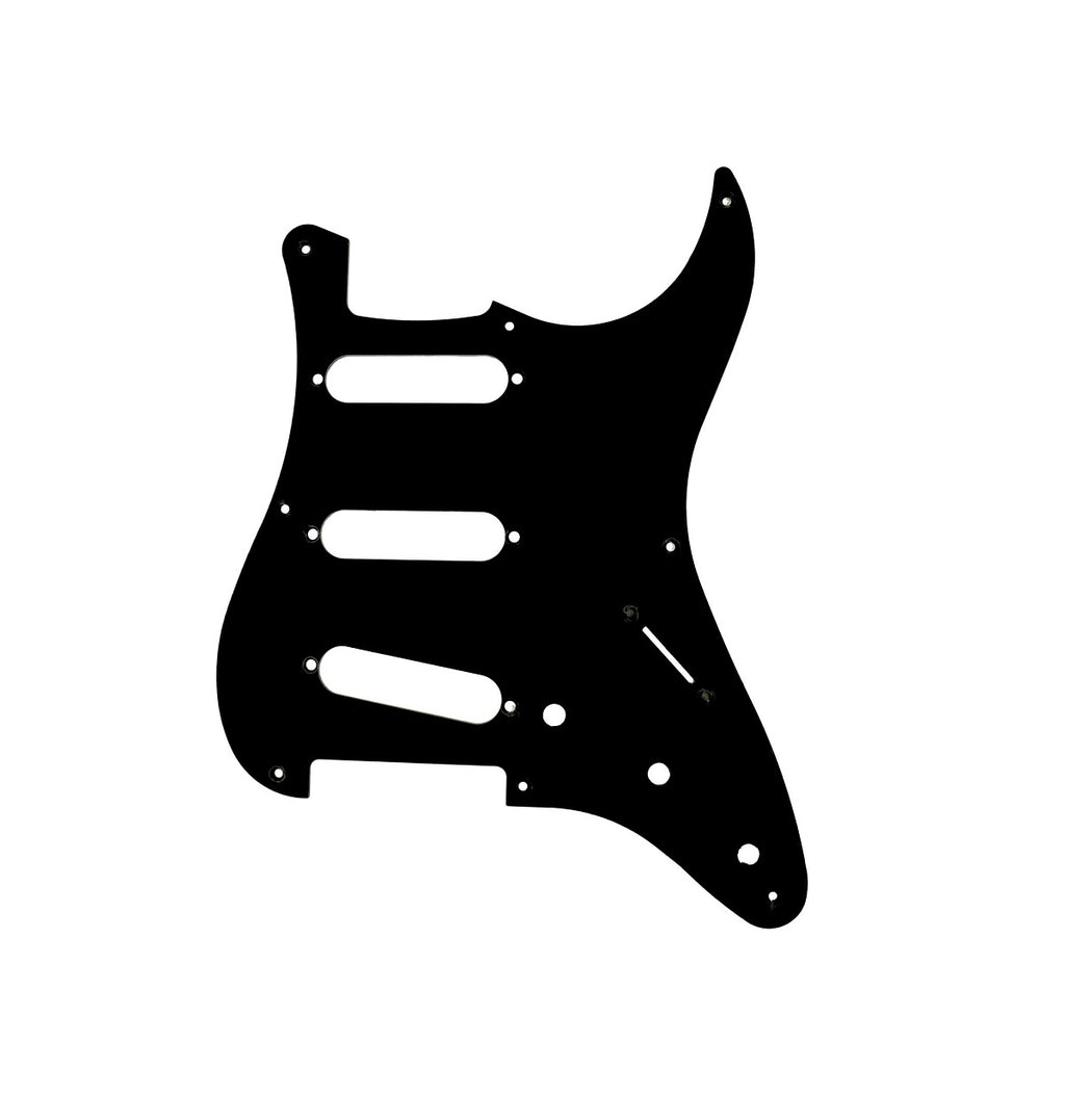 Black guitar pickguard with three pickup cutouts and multiple screw holes on a white background.