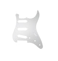 White plastic pickguard with three pickup slots and mounting holes on a white background.