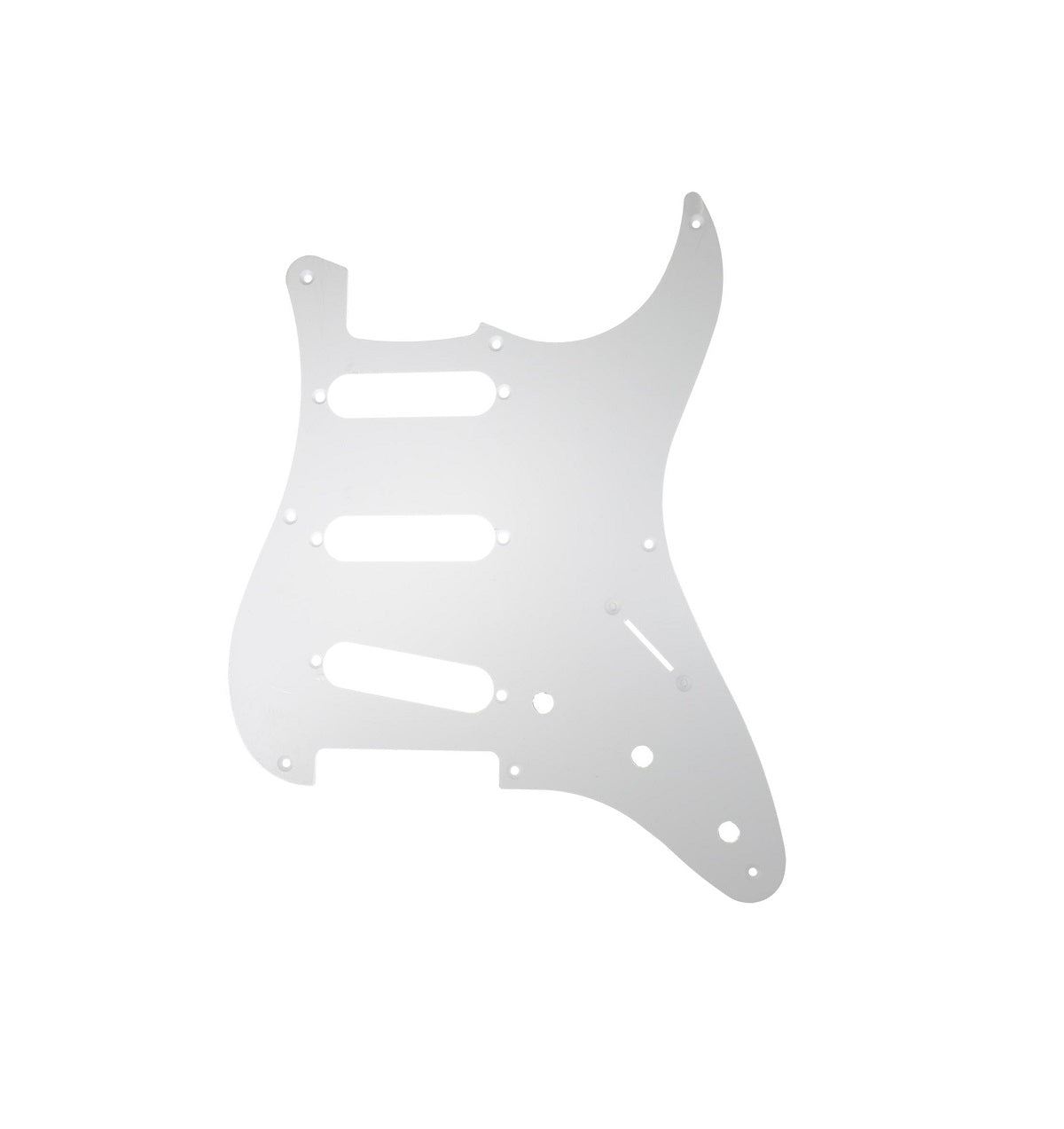 White plastic pickguard with three pickup slots and mounting holes on a white background.