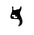 Black guitar pickguard with cutouts and screw holes, shown on white background.