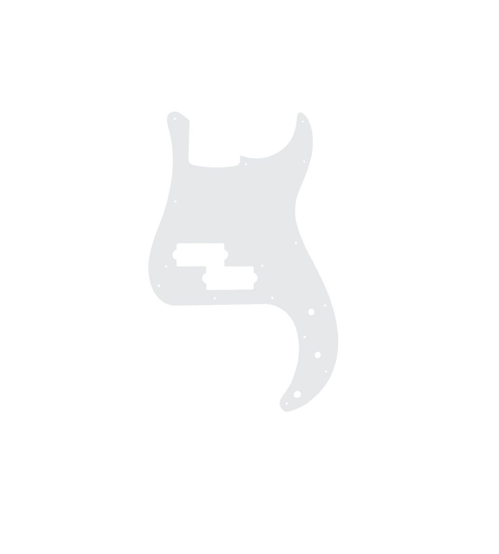 White guitar pickguard with 13 holes and cutouts for pickups, shown on a white background.