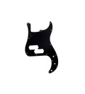 Black plastic pickguard with multiple screw holes and cutouts for pickups, shown on white background.