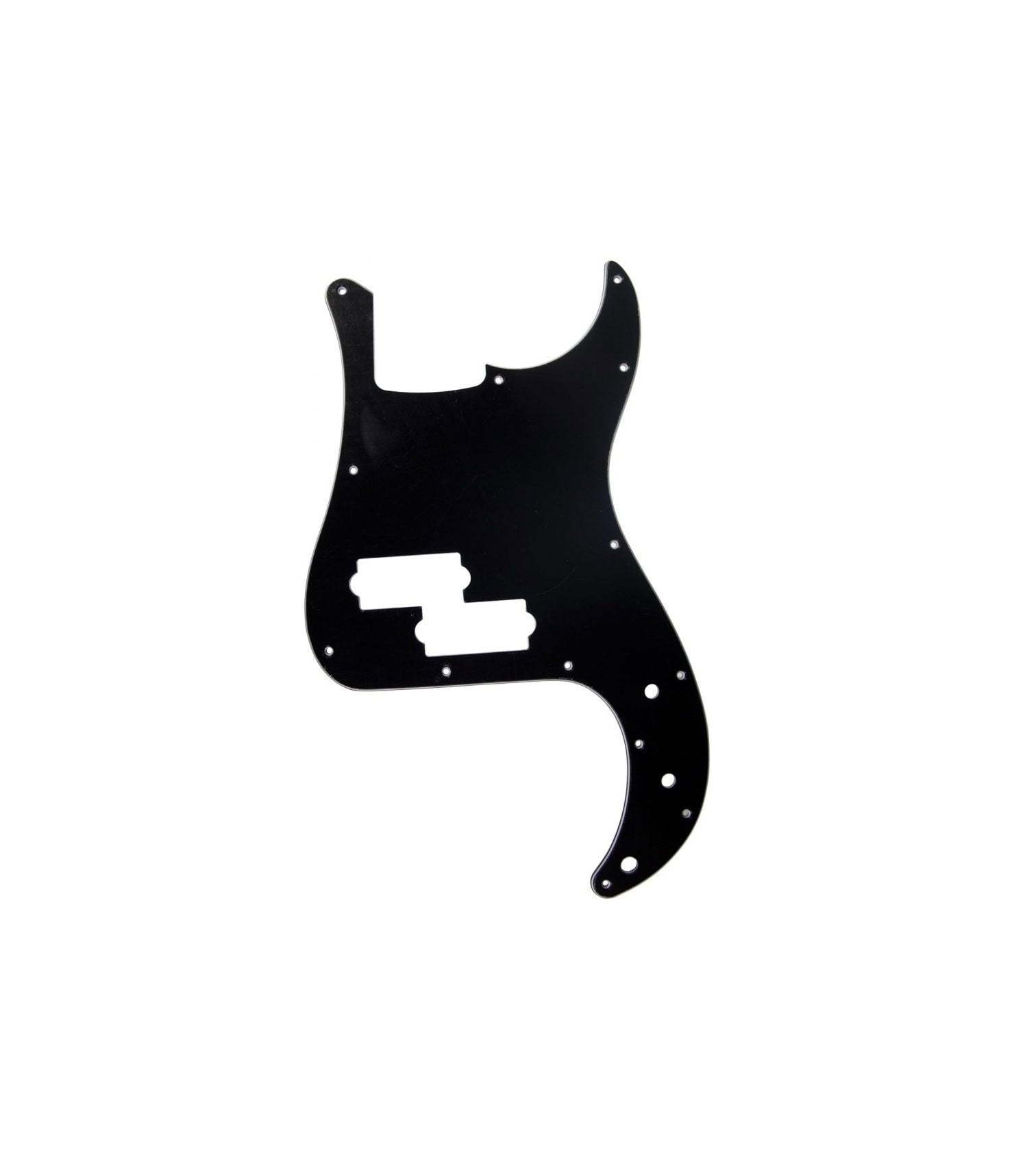 Black plastic pickguard with multiple screw holes and cutouts for pickups, shown on white background.