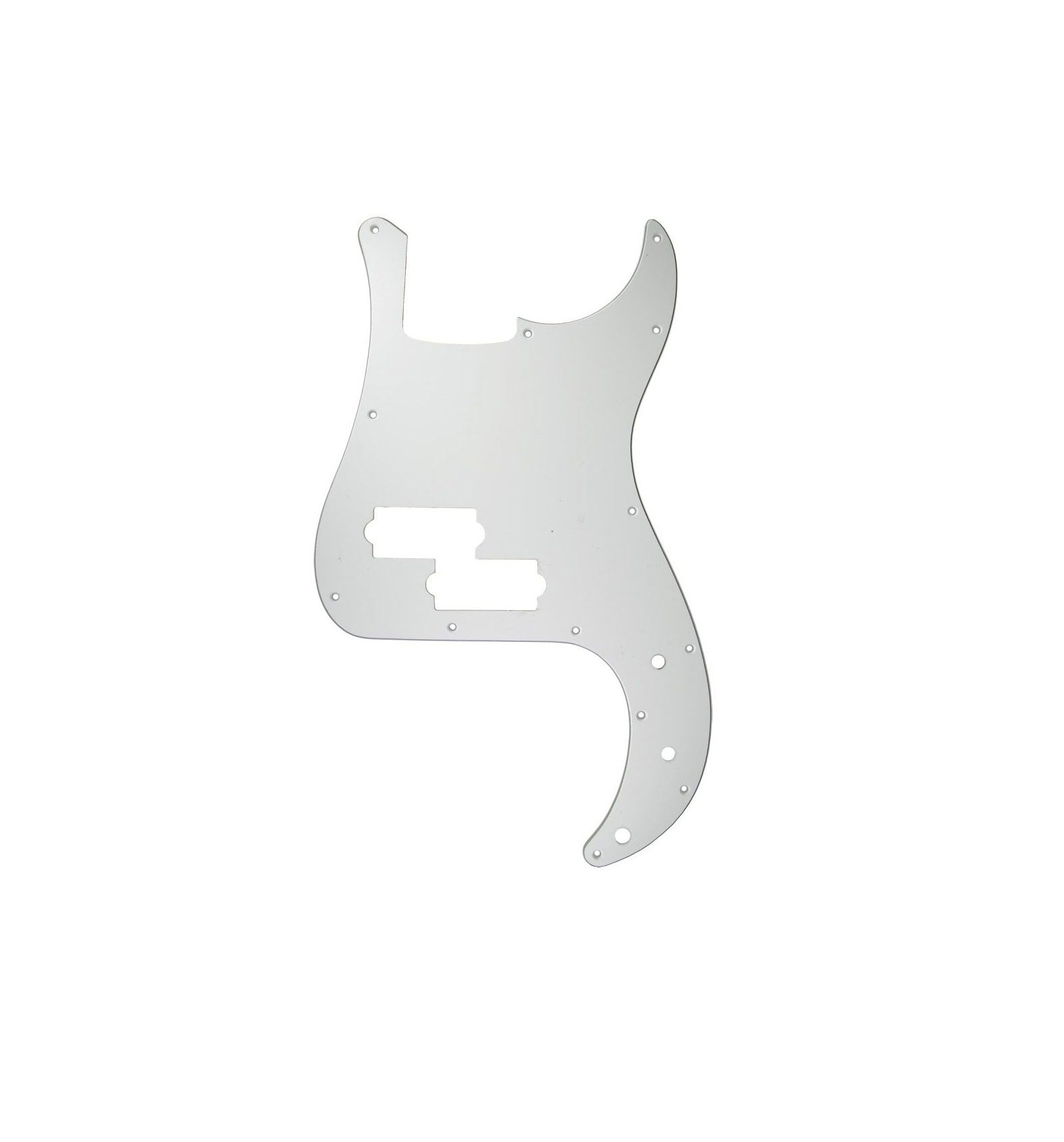 White guitar pickguard with several screw holes and cutouts for pickups.
