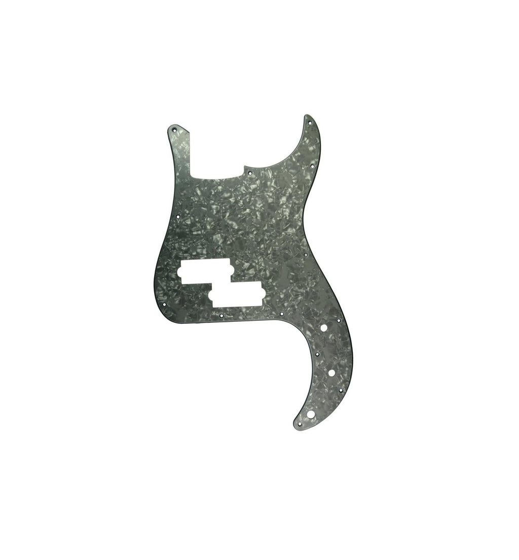 Gray and black pearloid 3-ply pickguard for a bass guitar with pickup cutouts.