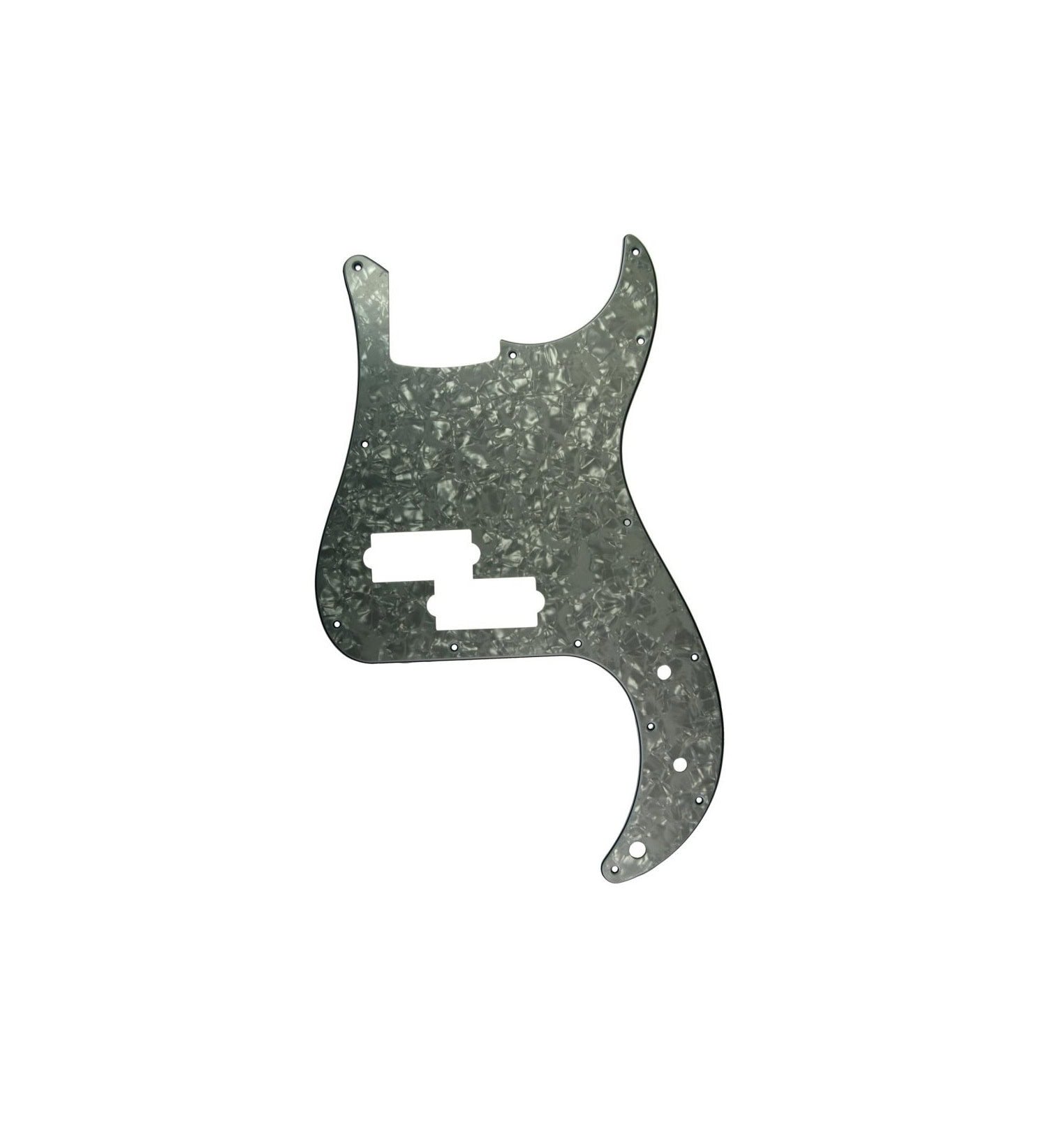 Gray and black pearloid 3-ply pickguard for a bass guitar with pickup cutouts.