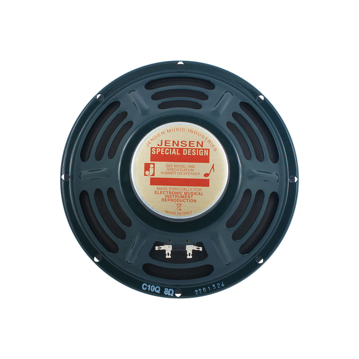 Back side of a Jensen speaker showing label and two spade terminal connectors.