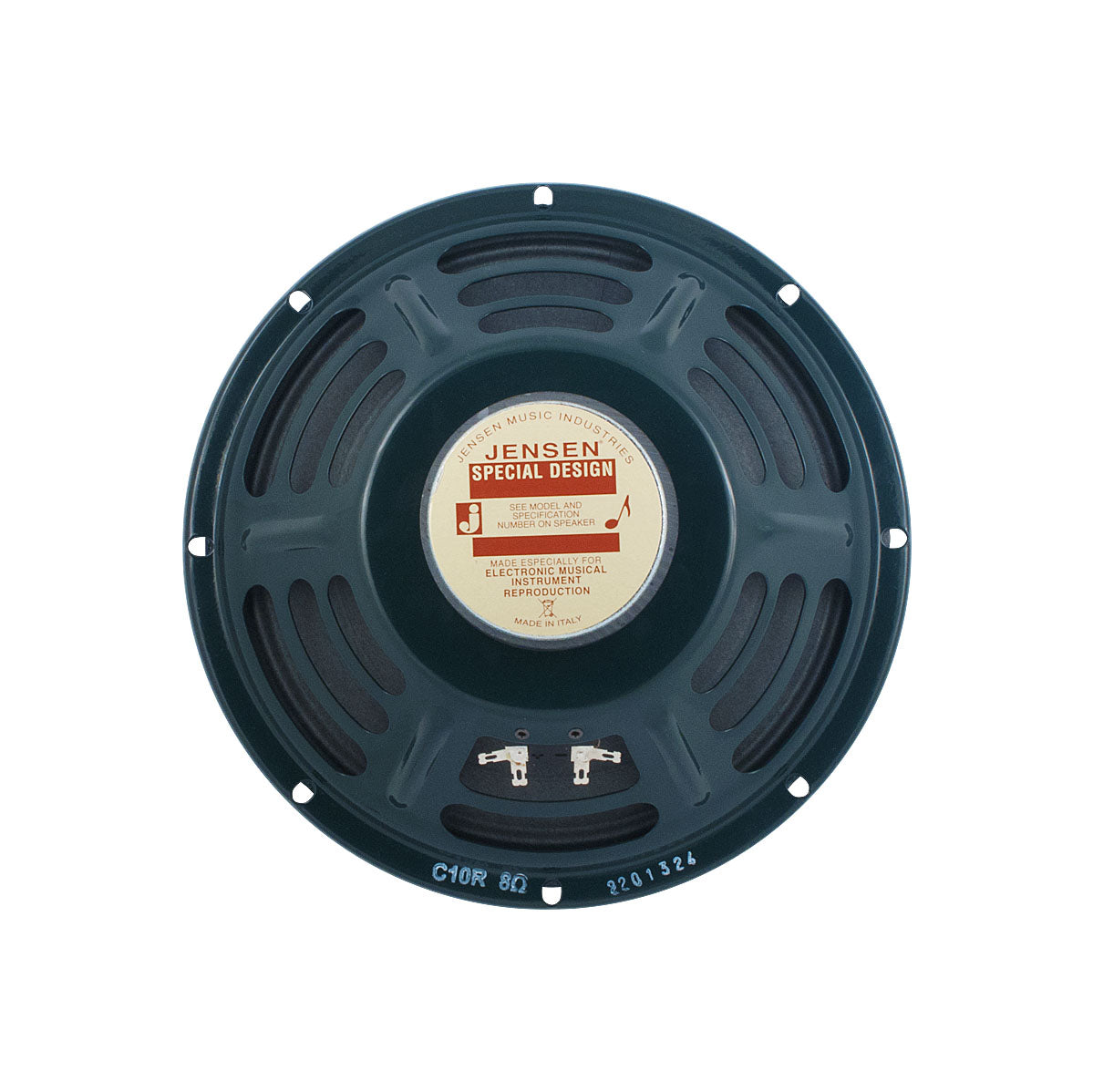Back view of a Jensen circular speaker showing label and two spring clip terminals for wiring.
