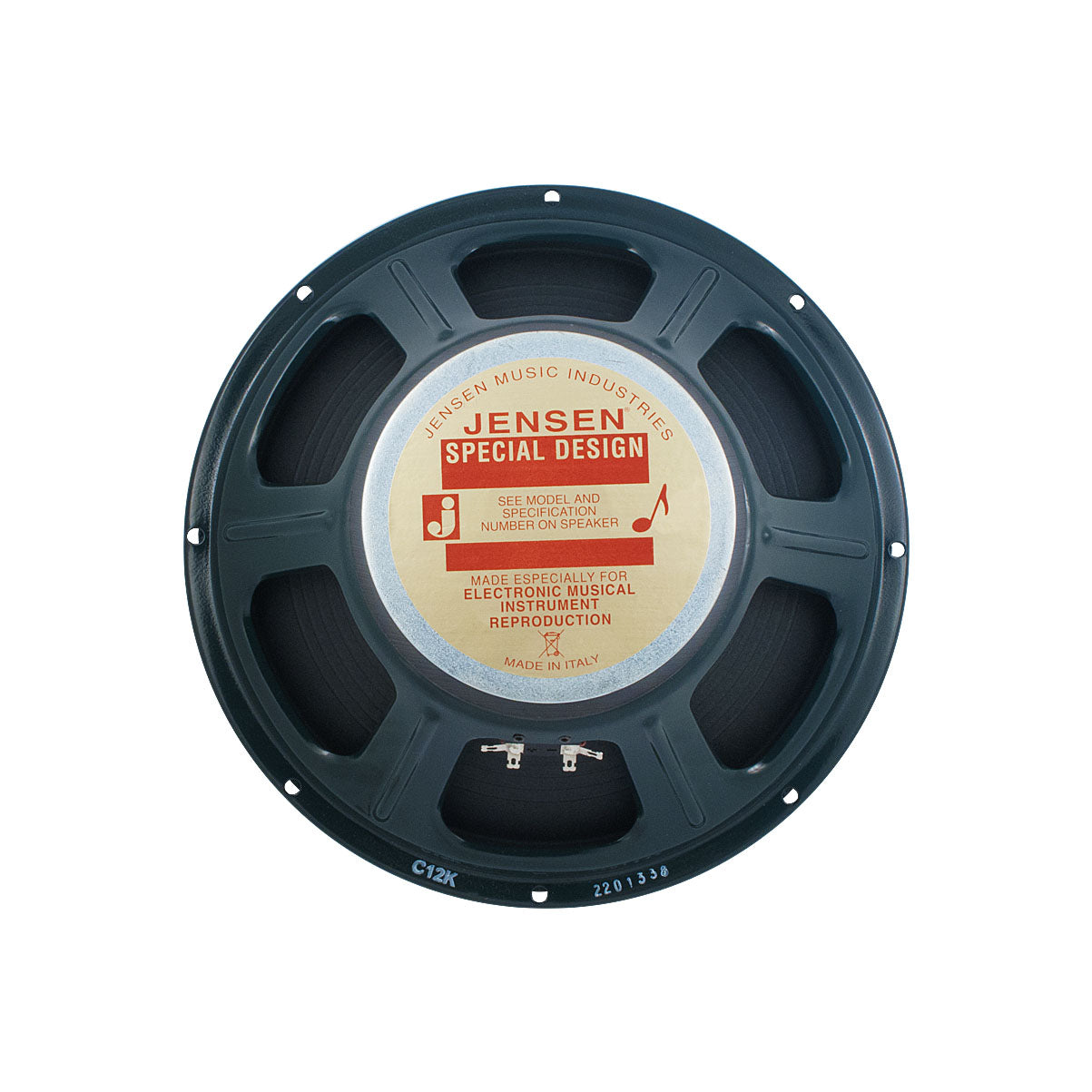 Round black and silver guitar speaker with Jensen label and terminal connectors.