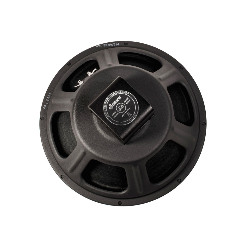 Black Jensen 12-inch guitar speaker with metal frame and two terminal connectors.