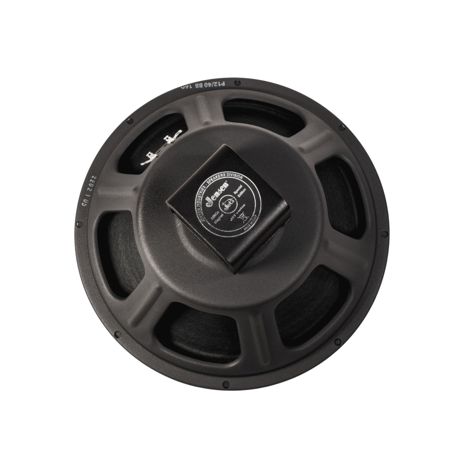 Black Jensen 12-inch guitar speaker with metal frame and two terminal connectors.