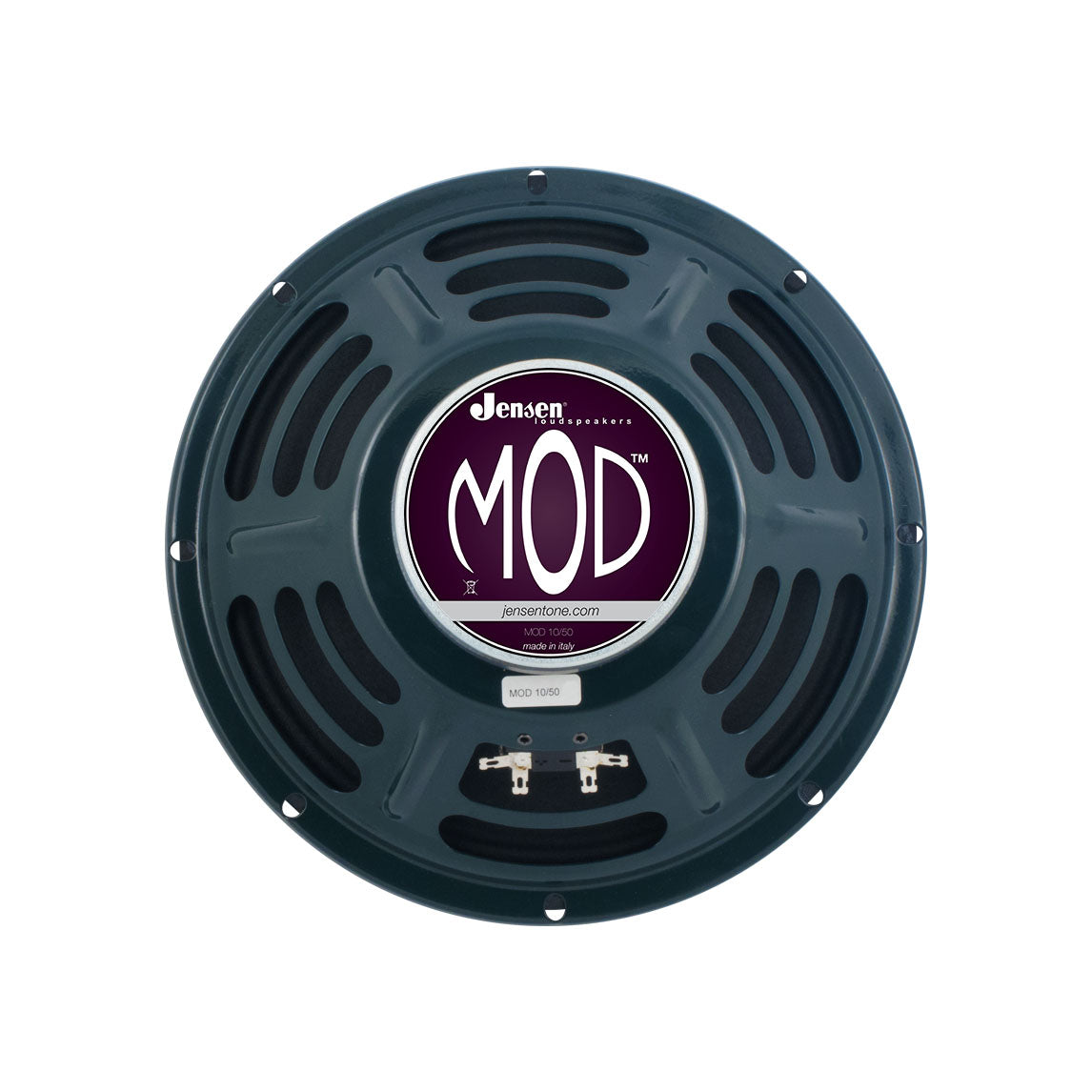 Top view of a Jensen MOD 10/50 guitar speaker with two spade connectors and a central label.