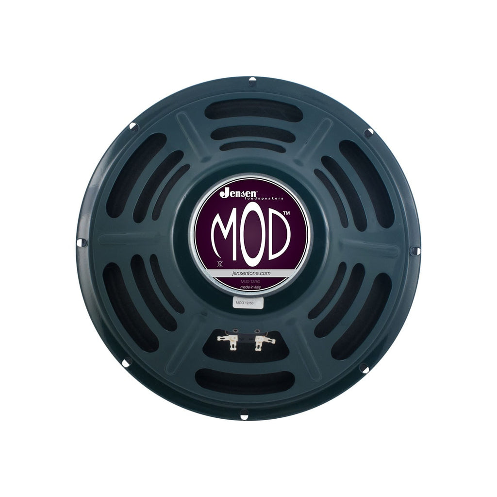 Round metal speaker frame with ventilation slots and label reading Jensen MOD 12/50 visible from back view.