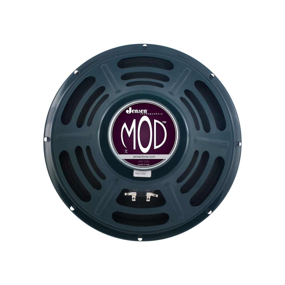 Round metal speaker frame with ventilation slots and label reading Jensen MOD 12/50 visible from back view.