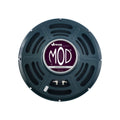 Round dark gray Jensen MOD guitar speaker with label in center and dual terminals visible on back.