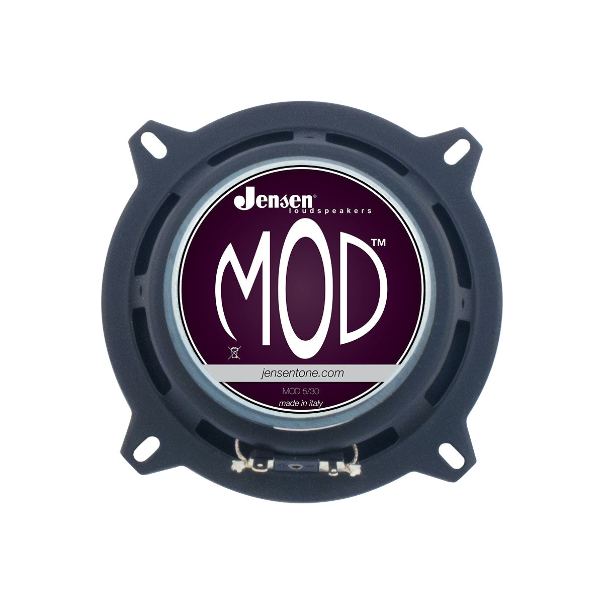Round speaker back with Jensen MOD label and spring clip terminals on black metal frame.