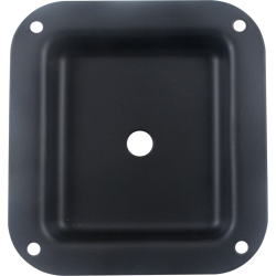 Black square metal plate with rounded corners and a central hole, featuring mounting holes in each corner.